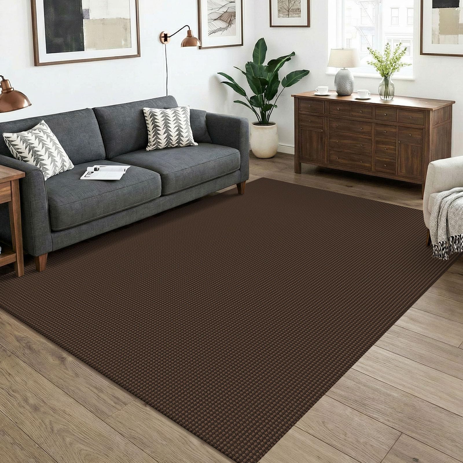 KOZYFLY Washable 5x7 Living Room Rug, Non Slip Woven Area Rugs, Braided Floor Carpet for Entryway, Kitchen, Bedroom, Dining Room, Office, Cotton Rug Indoor Decor, Brown/Dark Brown — image 1