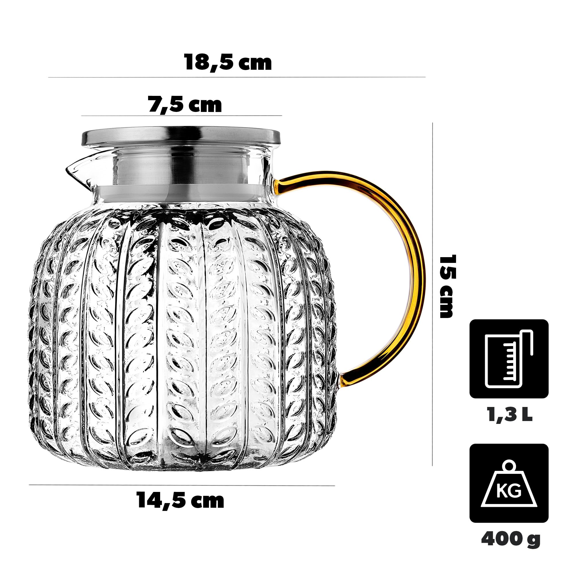 KADAX Teiera 1,3 litri in vetro borosilicato, caraffa in vetro resistente al calore con coperchio in acciaio inox e filtro integrato, teiera in vetro, caraffa in vetro