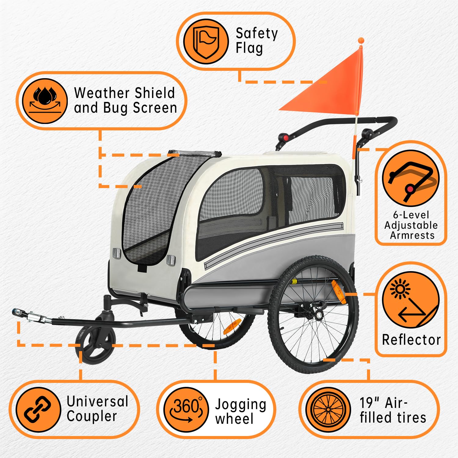 SEPNINE Rimorchio per bicicletta 2 in 1 XXL per cani, con apertura sul tetto, riflettori e strisce riflettenti, con asta scorrevole e attacco universale per bicicletta, pieghevole, fino a 50 kg