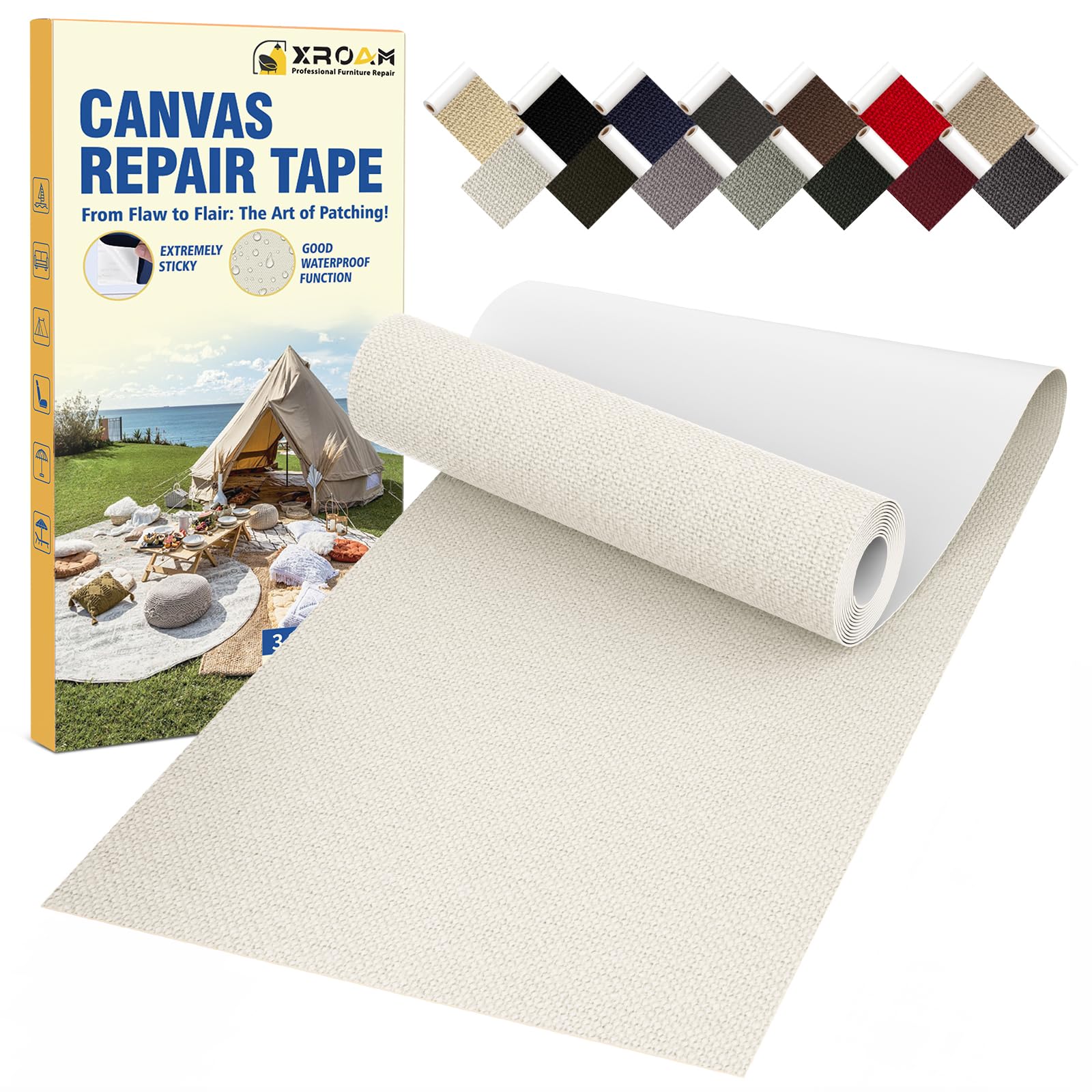 Xroam Canvas Repair Tape, 8 x 160 cm Waterproof Fabric Tape for Furniture, Self Adhesive Canvas Patches for Boat Covers, Sofas, Tents, Louge Chairs, Canopy, Awning Ivory White — image 1