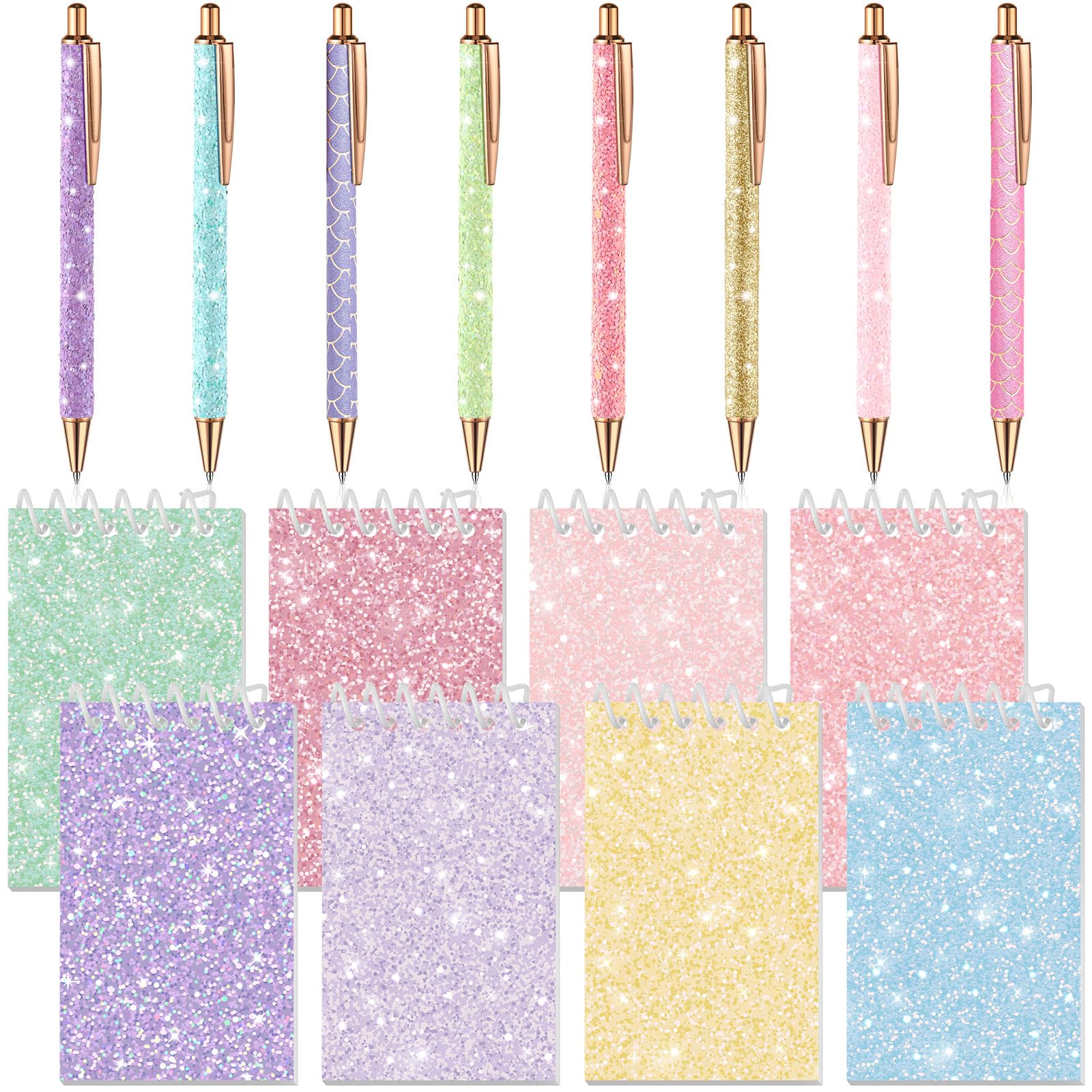 Sherr 16 Pcs Glitter Pens and Notebooks Set Mini Spiral Notepads Fancy Pens for Kids Girls Women Sparkly Sequins Journaling Ballpoint Christmas