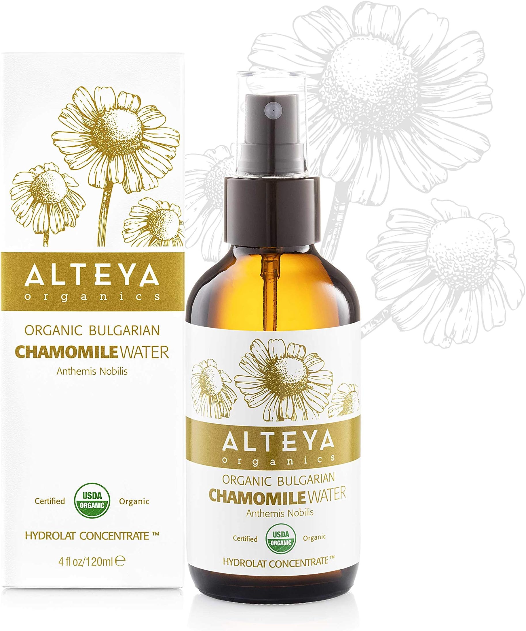Alteya Organic Chamomile Water Spray 120 ml Glass Bottle - USDA Certified Organic Floral Water Steam-Distilled from Fresh Anthemis Nobilis Flowers -Hydrating, Soothing and Calming