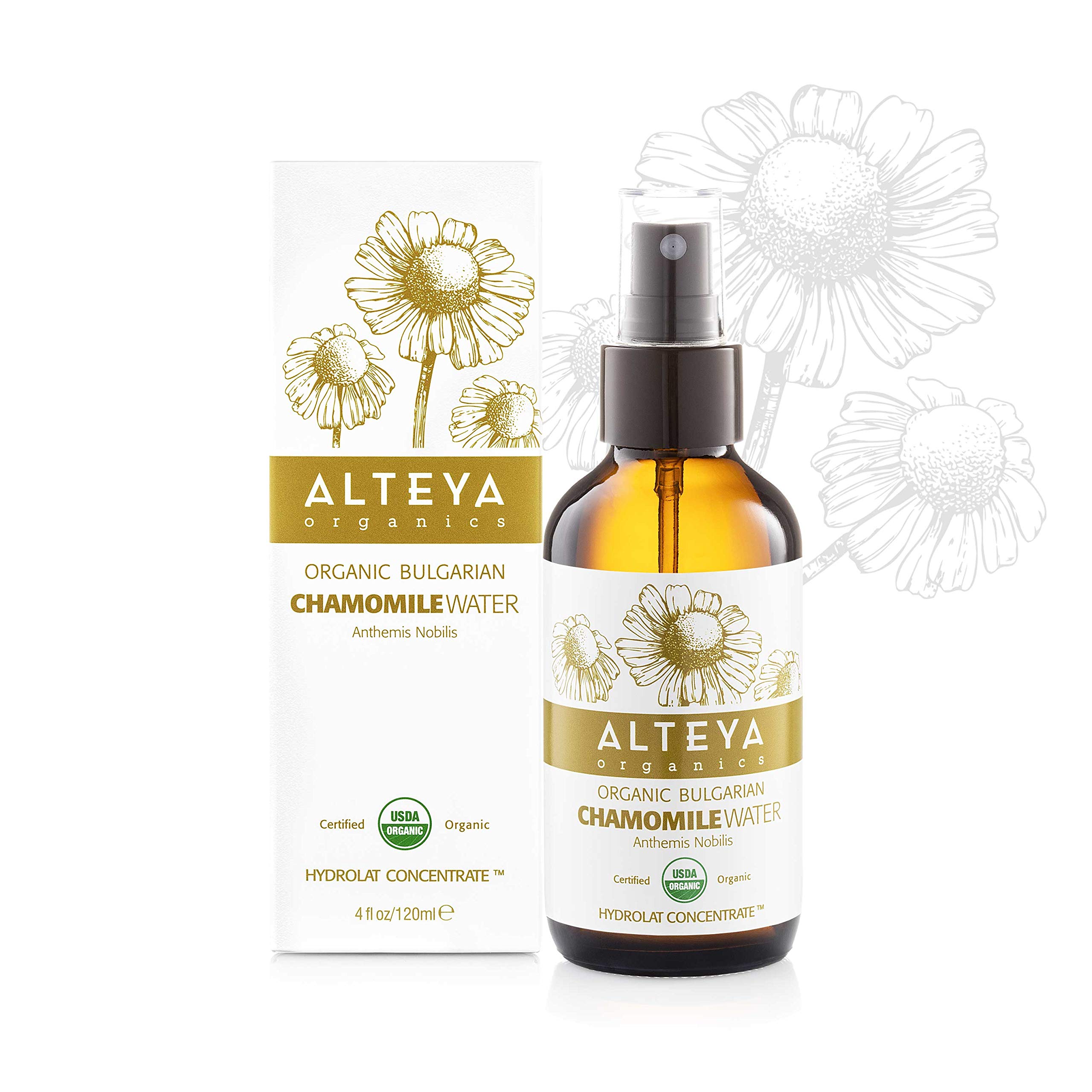Alteya Organic Chamomile Water Spray 120 ml Glass Bottle - USDA Certified Organic Floral Water Steam-Distilled from Fresh Anthemis Nobilis Flowers -Hydrating, Soothing and Calming