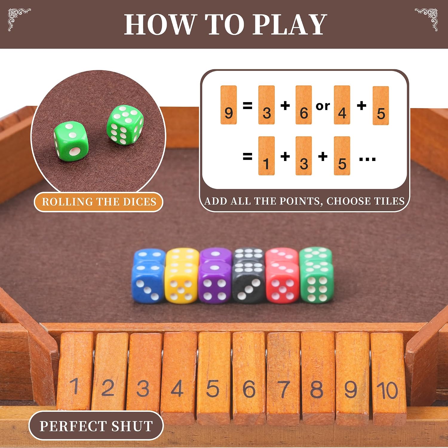Shut the Box Dice Game - Classic Wooden Family Board Game for 6 Players, Fun Classroom Home Party & Pub Strategy Game for Adults and Kids, Vintage Style