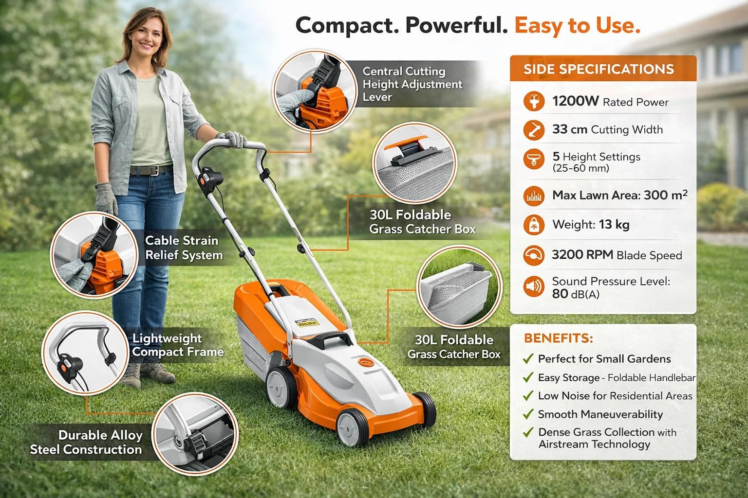 Stihl RME 235 - Cortacésped eléctrico ligero de 1,2 kW, 13 kg, con 33 cm de ancho de corte con 30 litros de recogida de césped, con indicador de nivel