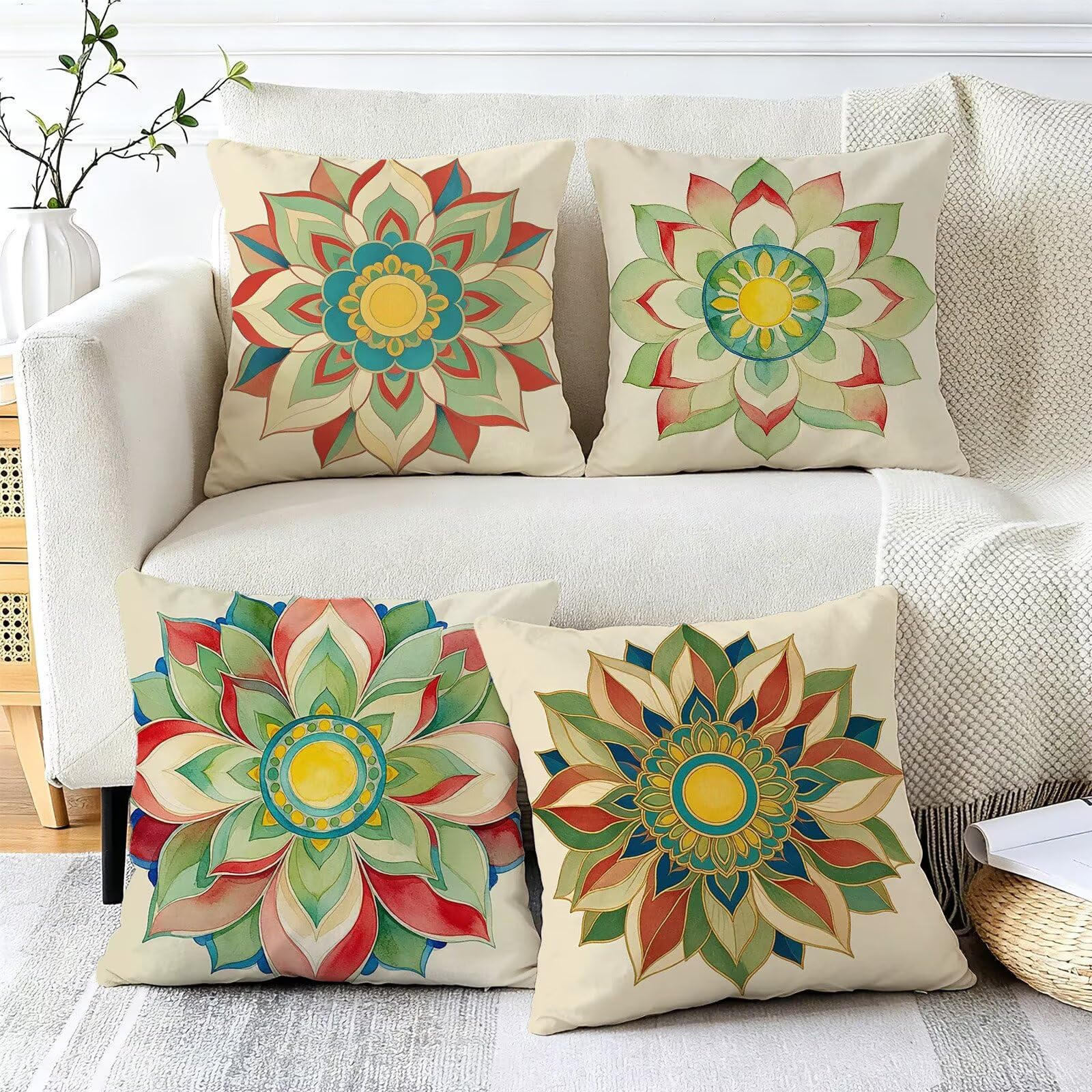 Blu Federe Cuscini Divano 50x50cm, Cuscini da Esterno Set de 4, Cod-97 | Lin Copricuscini Decorativi Letto Arredo, per Letto, Soggiorno, Giardino, Esterno, Casa Decorazione Set di 4 Fiore