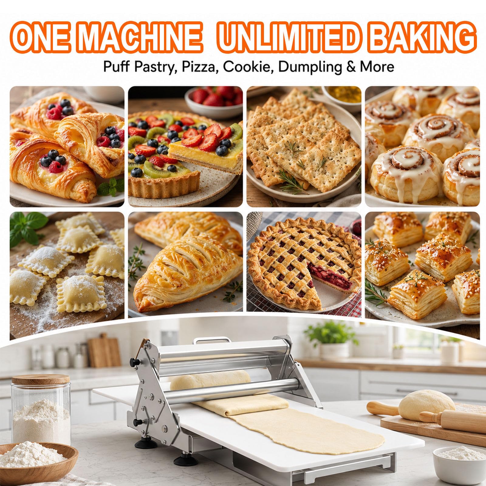 Stendetrice per Croissant e pasticcini – Macchina per impastare Pieghevole da banco in Acciaio Inox, Spessore Regolabile da 0 a 25 mm, per Uso Domestico e per Piccole panetterie 90x40cm