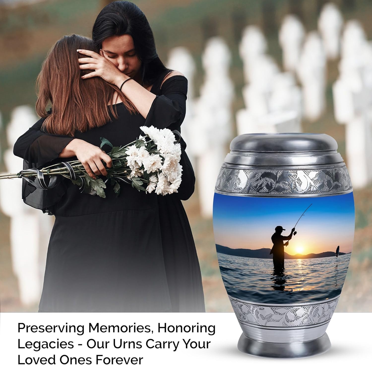 Fishing Urns for Human Ashes Adult Man - Fisherman Large Urn for Ashes Women - Blue Funeral Cremation Urn for Men & Women - Sunset Urns 10 Inch