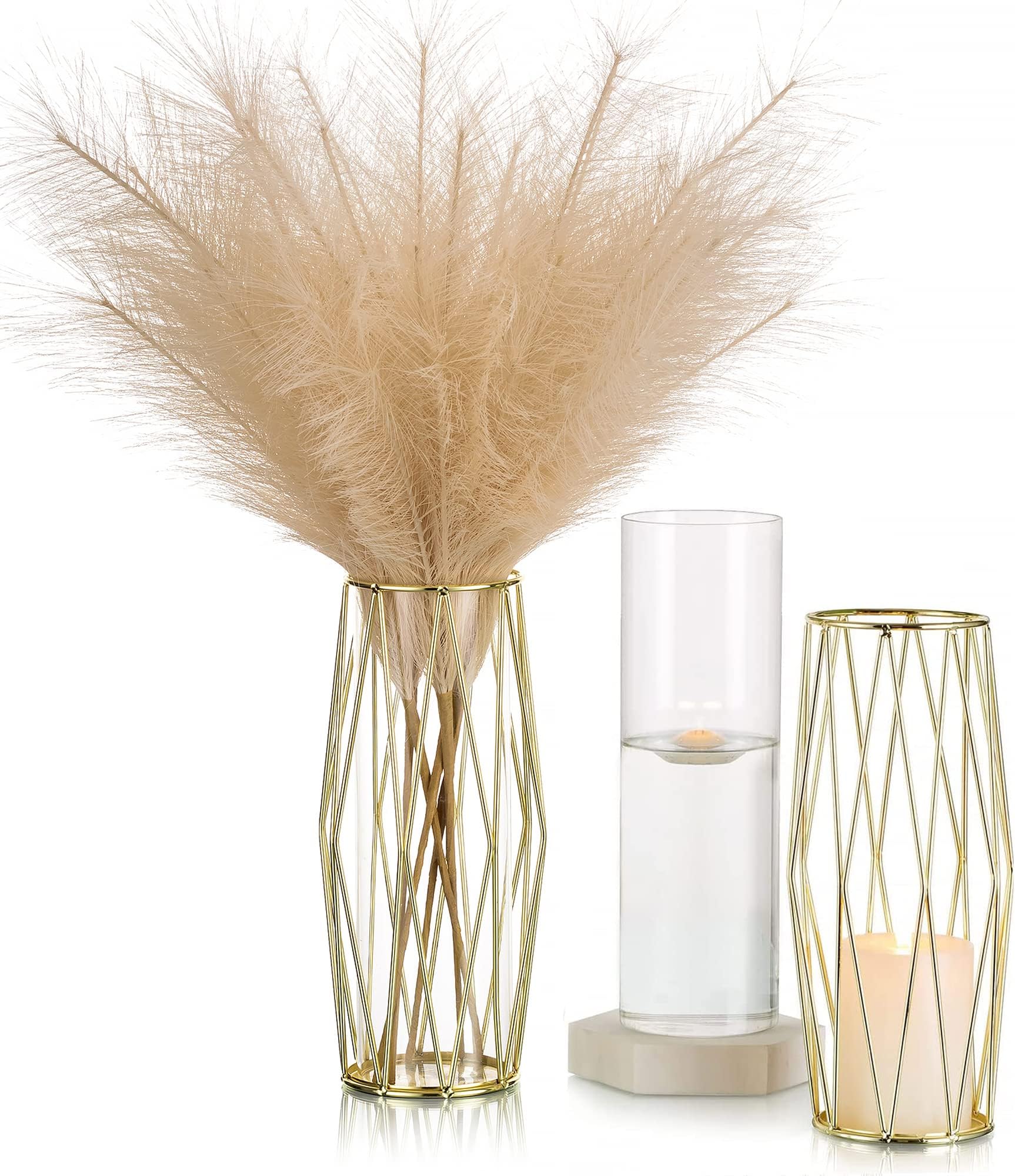 Hewory Gold Modern Flower Vases for Centerpieces - Hewory 11Inch Glass Vase with Metal Stand Set of 2, Wide Big Tall Geometric Vases for Flowers, Flower Holders for Wedding Home Decor (Large,2pcs)