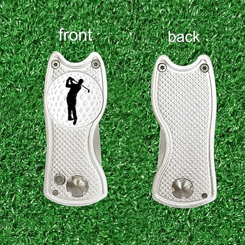 Vista 10 de Myartte Herramienta de reparación Divot de golf, herramienta plegable Divot, cuchilla de acero inoxidable con 2 piezas desmontables de marcador