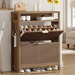 AOGLLATI Shoe Cabinet Storage,Narrow Fluted Shoe Rack Cabinet with 2 Flip Drawers, Wooden Freestanding Organizer with Open Storage Space for Entryway,Wood (Wood)