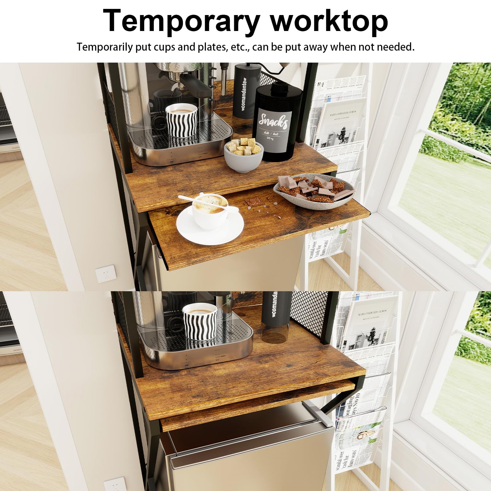 PUNCIA Gabinete de bar de café con mini nevera, soporte para nevera de vino, con plataforma de trabajo temporal, organizador de almacenamiento para microondas, estante para el hogar, oficina