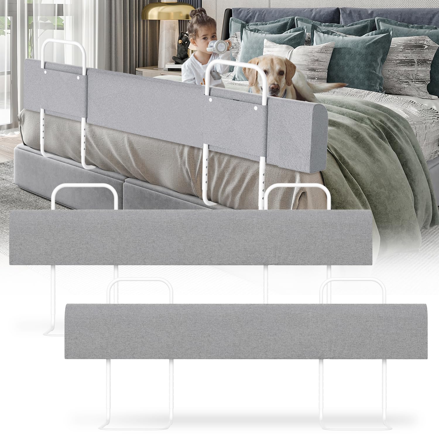 2 Stück Bettgitter Rausfallschutz für Kinder 150cm, Bettschutzgitter 5-Loch Höhenverstellbar, Kinderbettgitter Einstellbare Form, Grau
