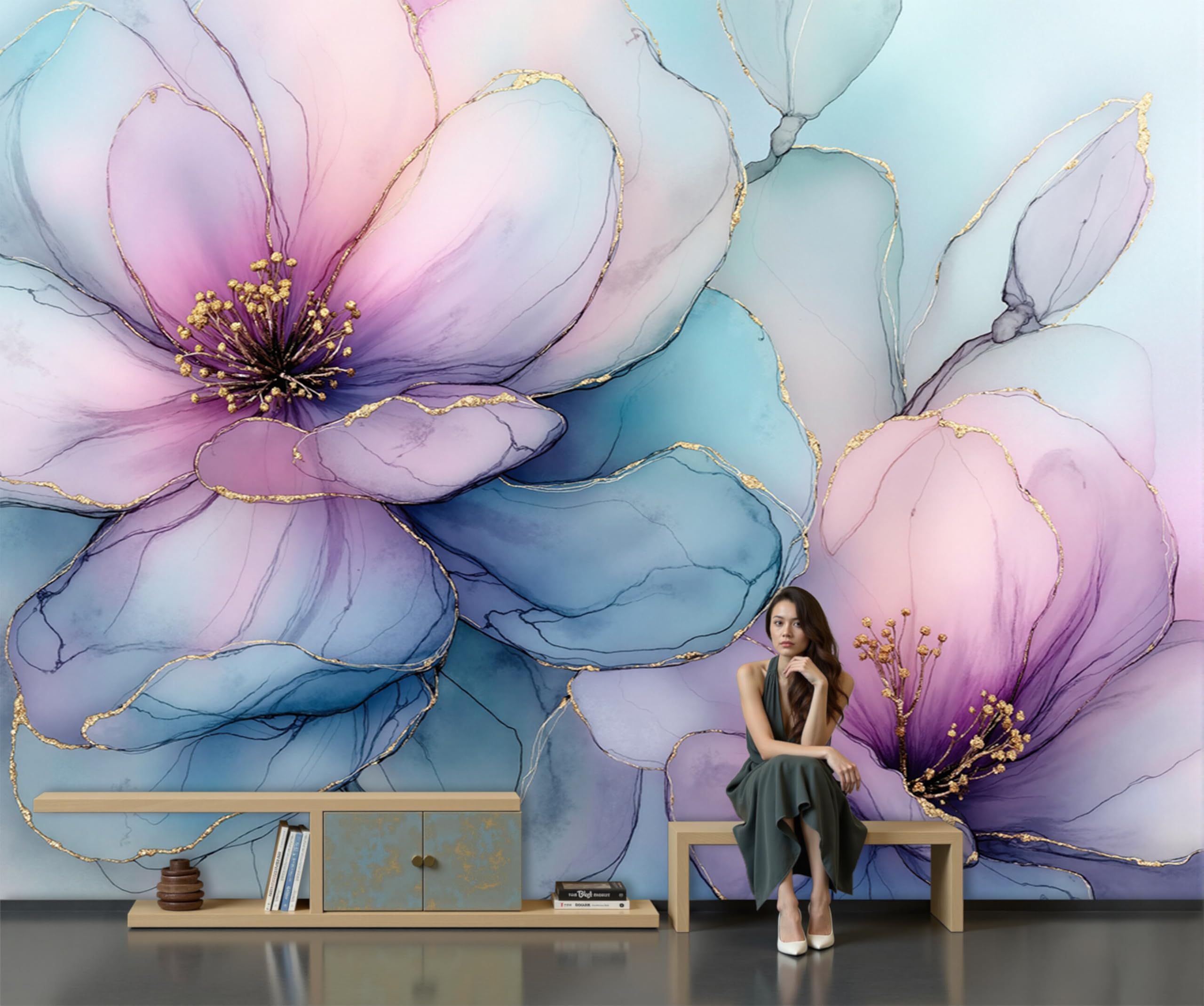 Papier peint soie fleurs de ligne bleu pour sublimer le mur de votre salon