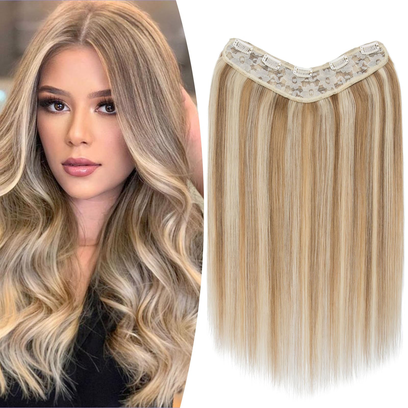TESS Clip In Hair Extension Remy,Hair Extensions Real Human Hair One Peice U-Shaped Balayage Straight Hairpieces for Women/Ladies/Girls(#12/613 Golden Brown & Bleach Blonde,22Inch)