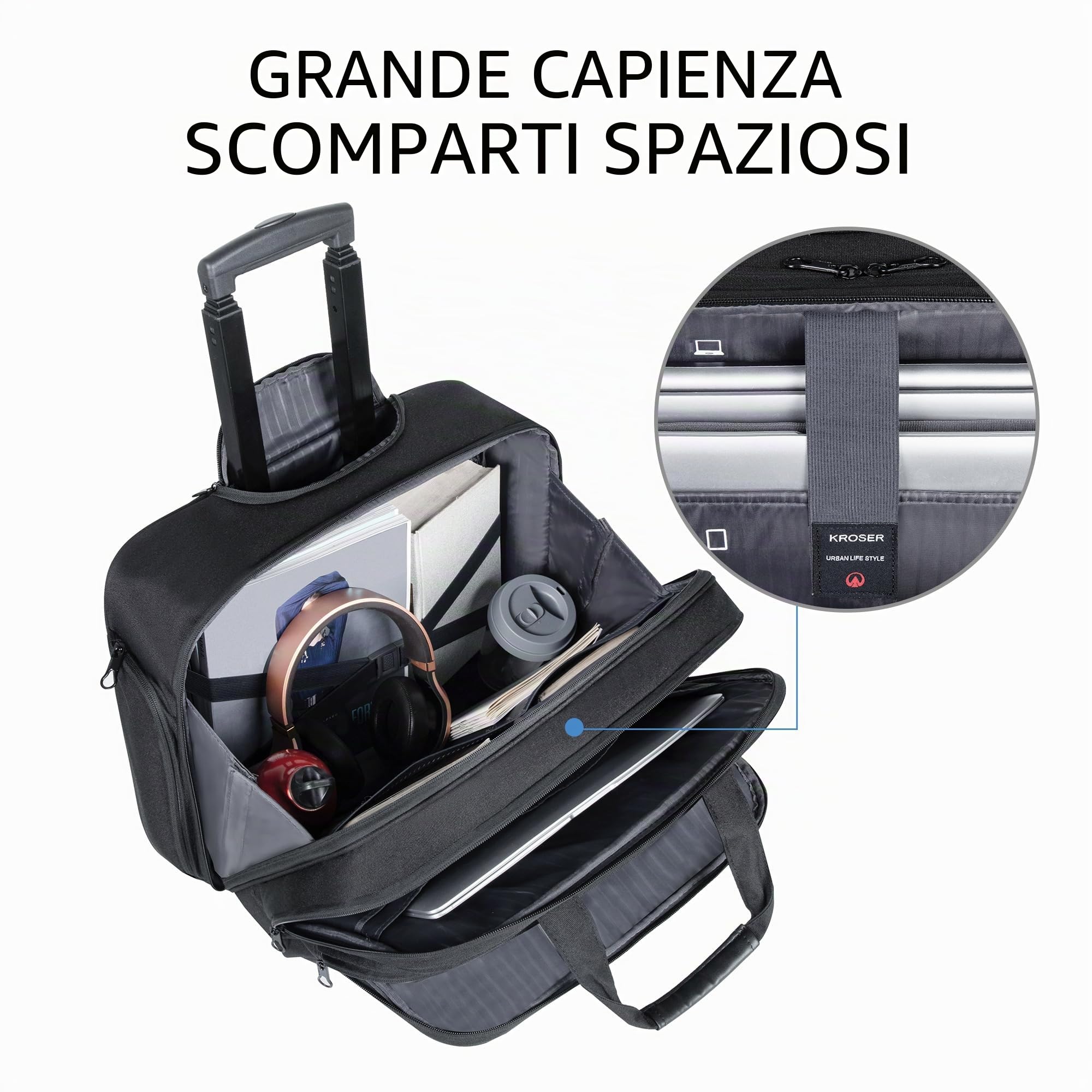 KROSER Trolley Business Rolling Laptop Case con ruote fino a 17,3 pollici, impermeabile, con tasche RFID per viaggio/scuola/uomo/donna, colore nero