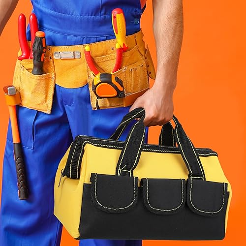 Miniatura 5 de Cunno 12 bolsas de herramientas de 13 pulgadas a granel para hombres, resistentes, boca ancha, múltiples bolsillos, impermeables, parte inferior