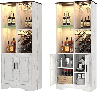 58" Farmhouse Liquor Cabinet with LED Lights, Adjustable Shelves - Wine Bar Cabinet with Wine Rack, Glasses Holder & Human...