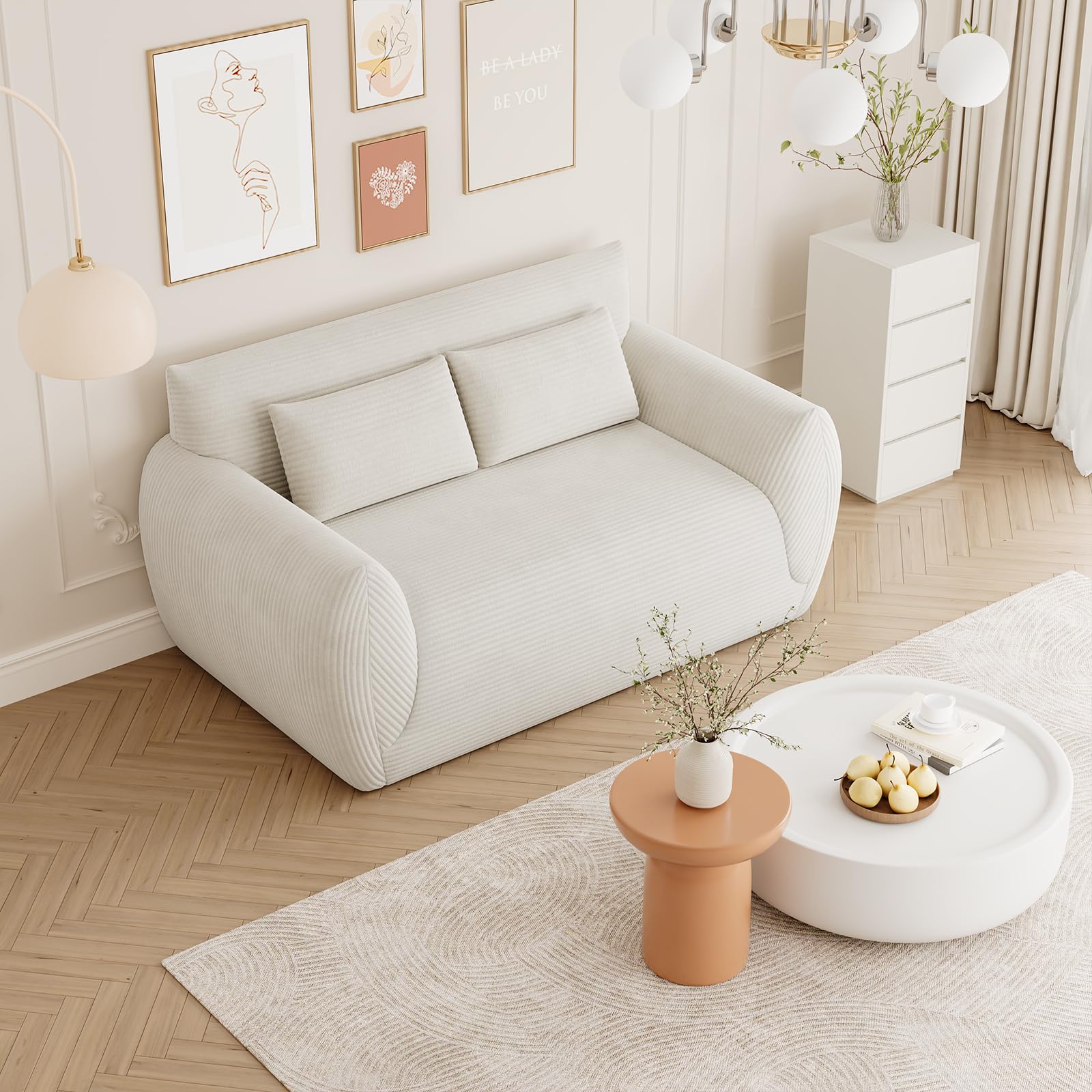Vesgantti Cord 2 Sitzer Sofa, Montagefrei, 160 cm lang, Compressed Sofa mit 2 Stützkissen für Wohnzimmer, Schlafzimmer (Creme, Zweisitzer)