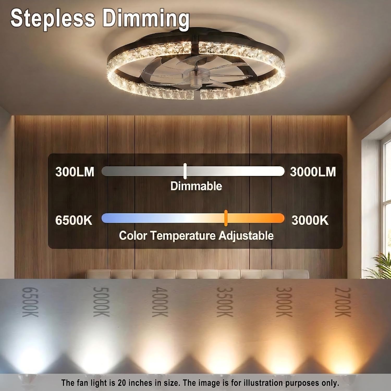 Ceiling Fans with Lights, 20 Inch Low Profile Flush Mount Ceiling Fan, 3000K-6500K, Stepless Dimming Fan Light, 6 Speeds, Ceiling Fan with Air Circulation for Smaller Rooms, Remote Control with Timer