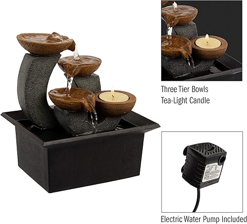 Miniatura 2 de Pure Garden - Fuente de agua de mesa, cascada interior de 3 niveles y 7 pulgadas con portavelas, bomba eléctrica y sonidos relajantes para