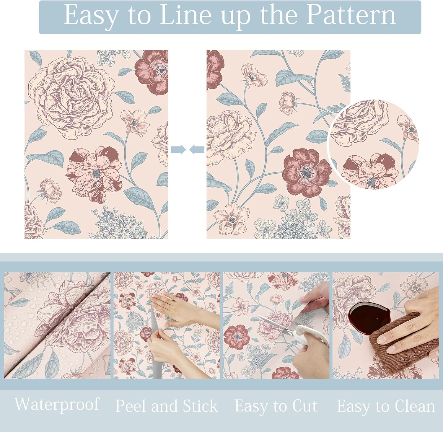 Pink/Red Floral Peel and Stick Wallpaper Vintage Floral Wallpaper Pink Flower Wall Paper Self Adhesive Removable Contact Paper for Cabinets Walls Bedroom Bathroom Shelf Liner 17.5"x102"