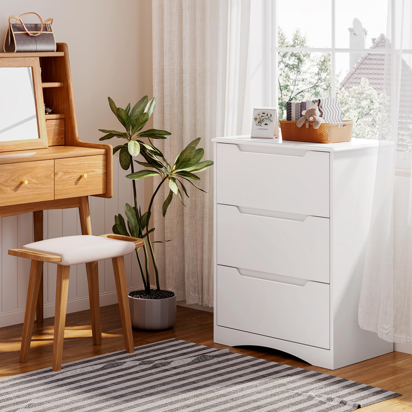 Bealife Cómoda 3 Cajones, Comodas y Cajoneras Dormitorio, Cómoda Dormitorio, Armario de Almacenamiento, para Dormitorios Salón, Pasillo, 82 x 60 x 40cm(Blanco)