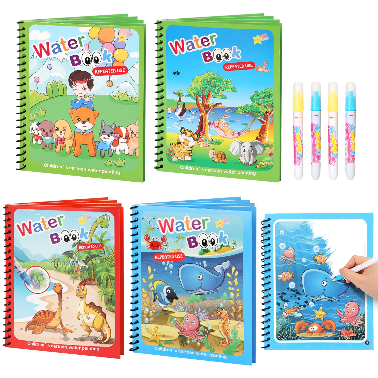 4 Pack Reusable Water Coloring Books for Toddlers, Paint with Water Books,Mess-Free Coloring Book, Portable Educational Doodle Drawing Toy, Improving Children's Imagination, Color Perception