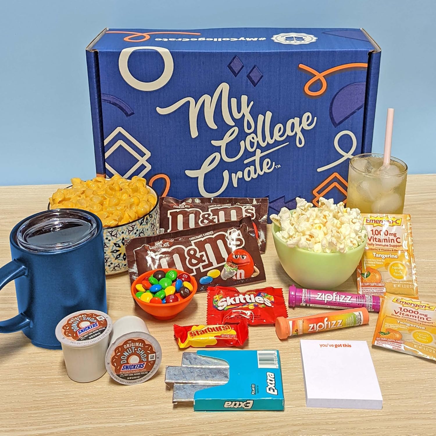 College Student Finals Crate (18 Piece Care Package) K-Cups, Candy, Snacks, Popcorn, Mac & Cheese, Sticky Notes, Travel Mug & More - My College Crate