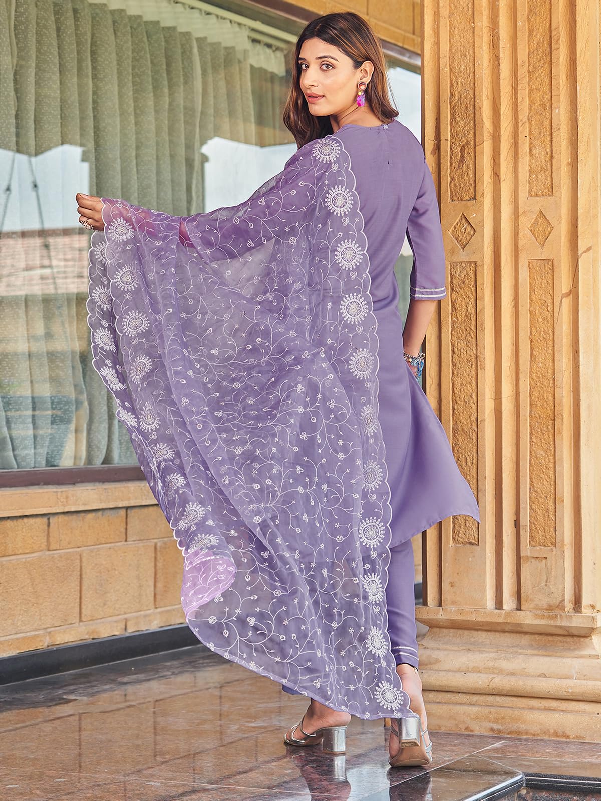 Sanisa Women's Cotton Blend Sequence Embroidery Work Gota Lace Straigth Kurta With Pant And Dupatta Set| Ethnic Set | Suit Set | Kurta Set(159Kbd1711N-Xl_Lavender)