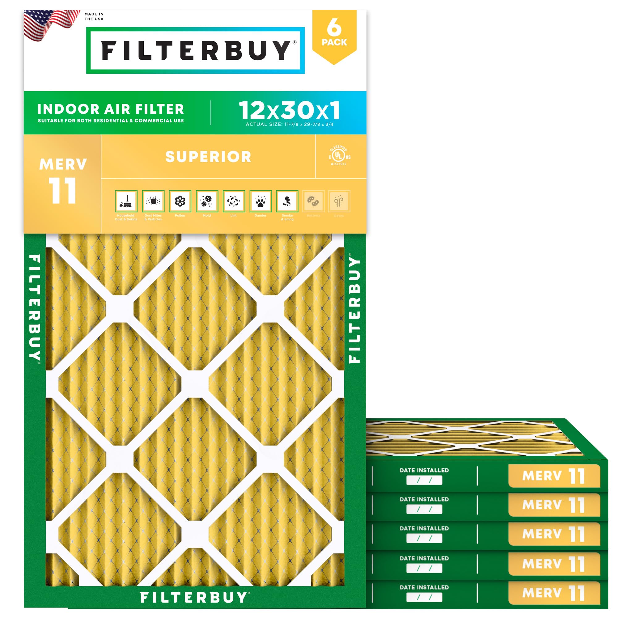 Filterbuy 12x30x1 Air Filter MERV 11 Pet &amp; Allergy Defense (6-Pack)