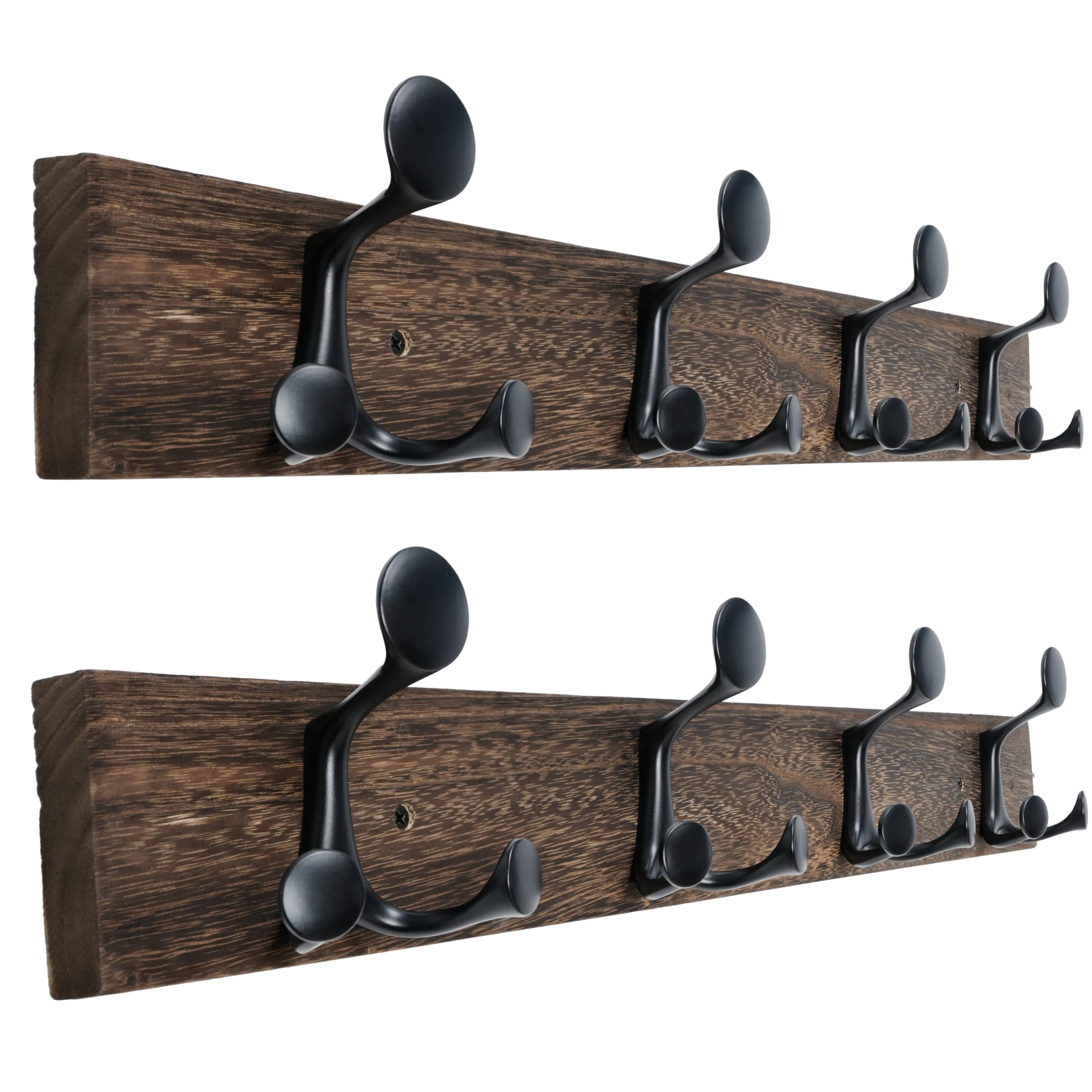 WEBI Coat Rack Wall Mount,61cm Solid Wood Coat Hooks Wall Mounted Coat Hanger,Heavy Duty Hook Rack Rail,4 Triple Hooks for Hanging Coats,Jacket,Clothes,Hat,Backpack,Weathered Brown,2 Packs — image 1