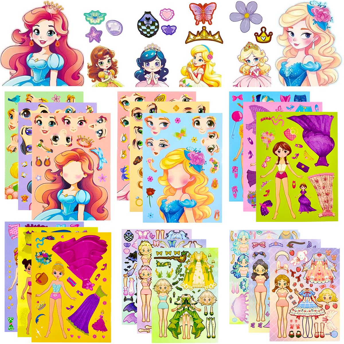Uqingo Stickers for Kids, 18 Sheets Shining Princess DIY Sticker, Fairy Princess DIY Make a Face Dress Up Stickers for Girls, Craft Set for Party Favors, Birthday Gifts, Art Projects Fun Activities