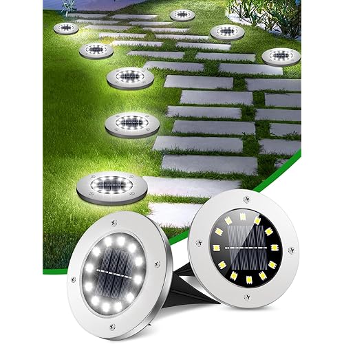 Coroor Solar Ground Lights, 12 LED Waterproof Garden Lights Outdoor Bright In-Ground, Solar Disk Lights Outdoor Decorations for Pathway Yard Lawn Patio Walkway Pool(8 Packs White)