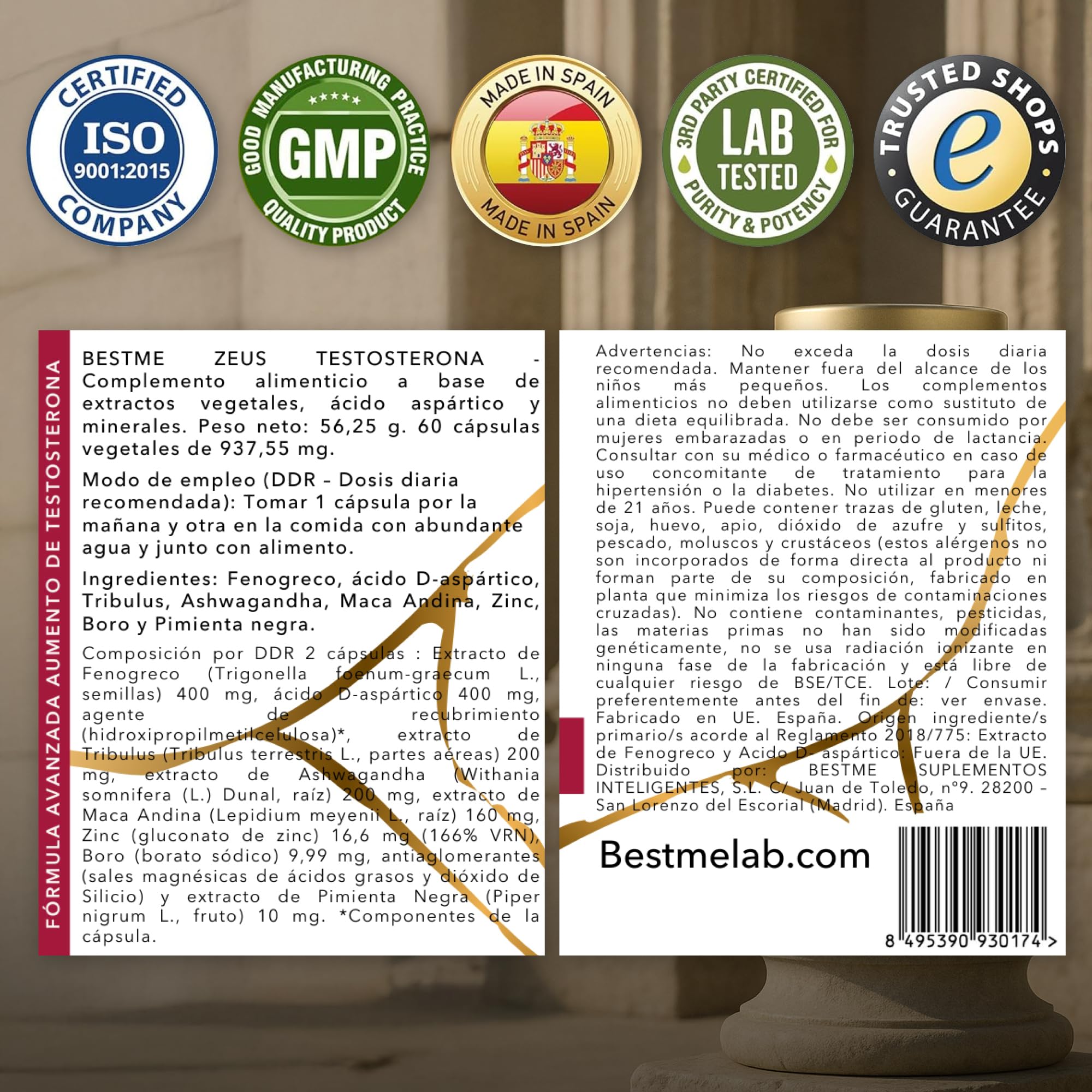 BESTME - Maca Andina, Fenogreco, Tribulus Terrestris, Ácido D-Aspártico, Ashwagandha KSM-66, Zinc, Boro y Piperina | Vitalidad, Rendimiento Muscular, Fuerza, Vigor y Energía | 60 Cápsulas (Zeus)