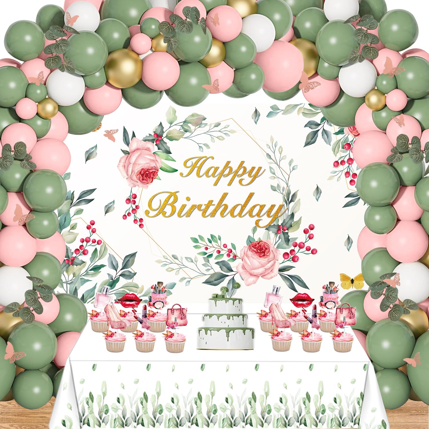 Yancan Sage Green Birthday Decorations Women Birthday Party Supplies Including Floral Backdrop, Sage Green Pink Balloons Garland Arch Kit, Tablecloth, Cupcake Toppers for Girls