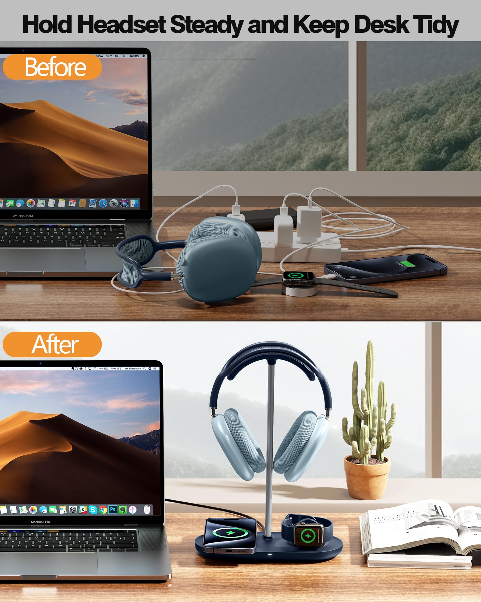 HiWe Soporte para auriculares 3 en 1, soporte universal para auriculares de escritorio con cargador inalámbrico para teléfonos/AirPods/iWatch, varilla de aleación de aluminio, almohadilla de cuero