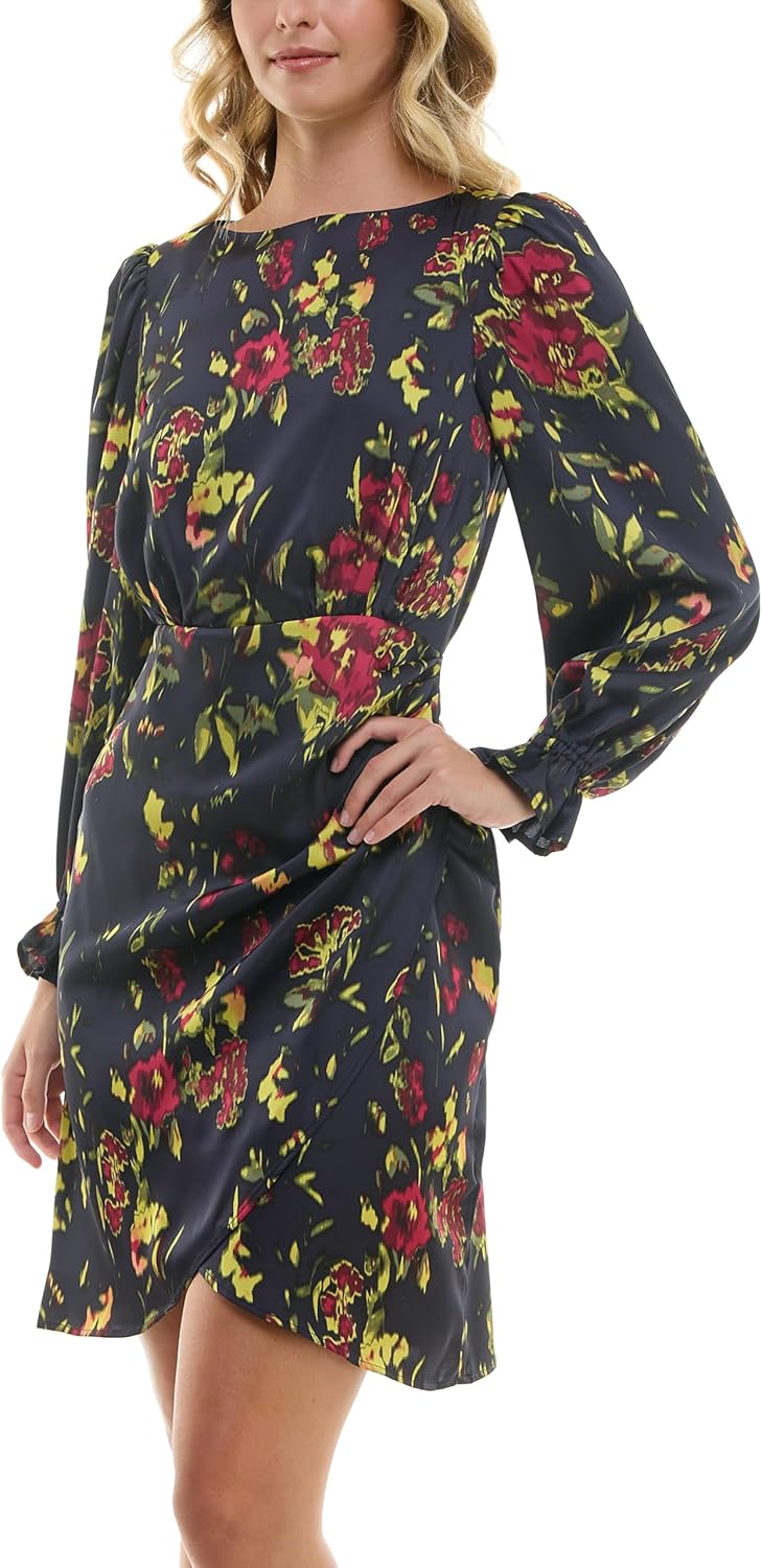 Nicole Miller Women's Long Sleeved Elastic Ruffle Cuff Satin Dress, Deep Navy Print, 10 - Image 3