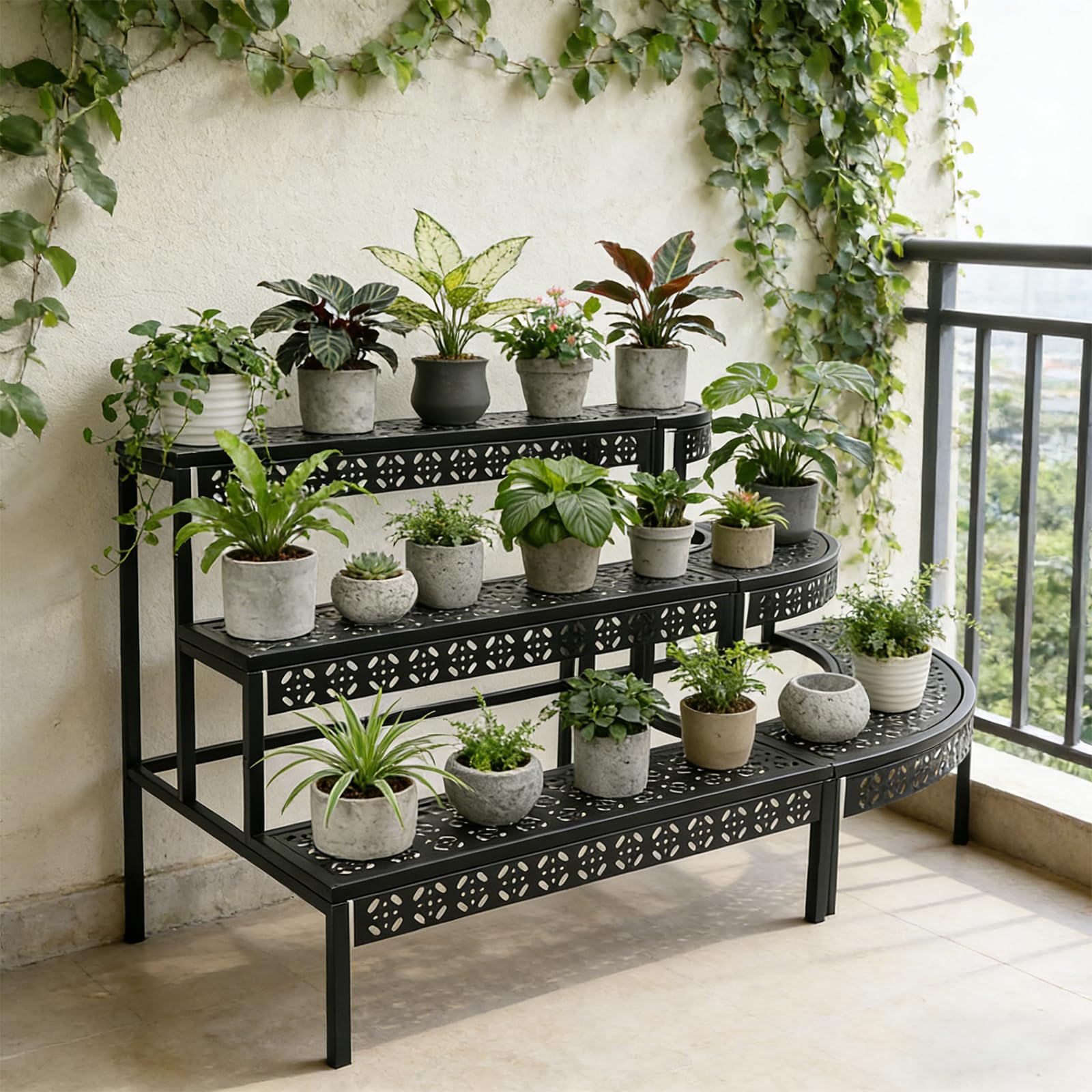 Supporto multifunzione per piante da appartamento, terrazza, giardino, balcone | Scala per fiori a 3 gradini in metallo con grande capacità, supporto per piante, scaffale per fiori per esterni e interni