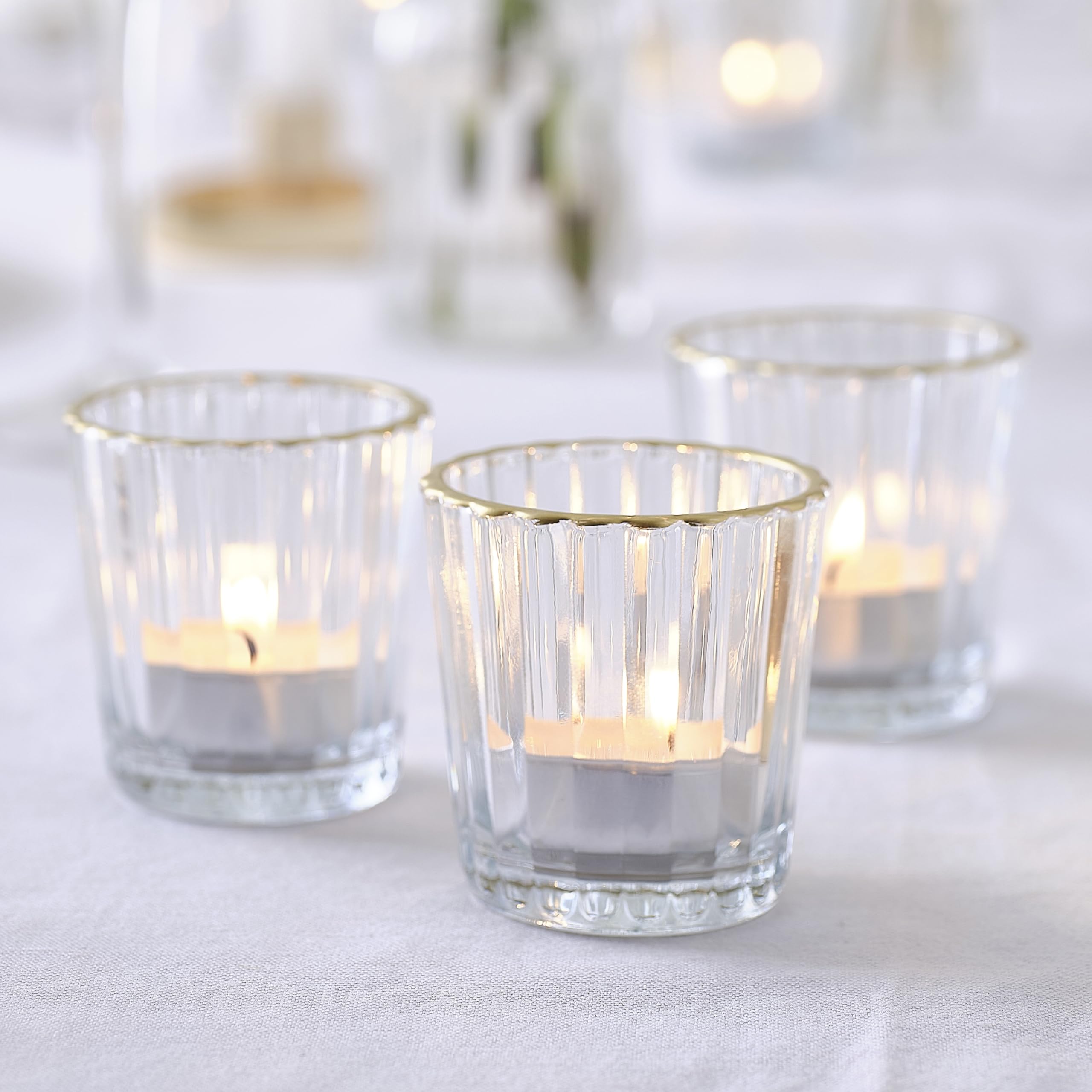 Ginger Ray 3X Ribbed Glass Tealight Holders with Gold Trim Wedding Table Decorations 5.5cm