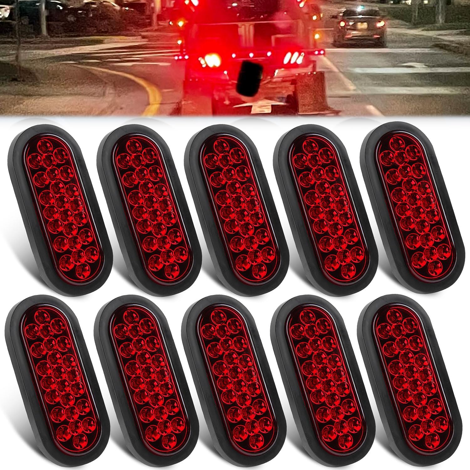 6" Inch Oval Led Trailer Tail Lights Red 10PCS Turn Stop Tail Brake Trailer Lights 24 Diodes 3-pin Plug & Flush Mount Grommets Waterproof Replacement for RV Trucks