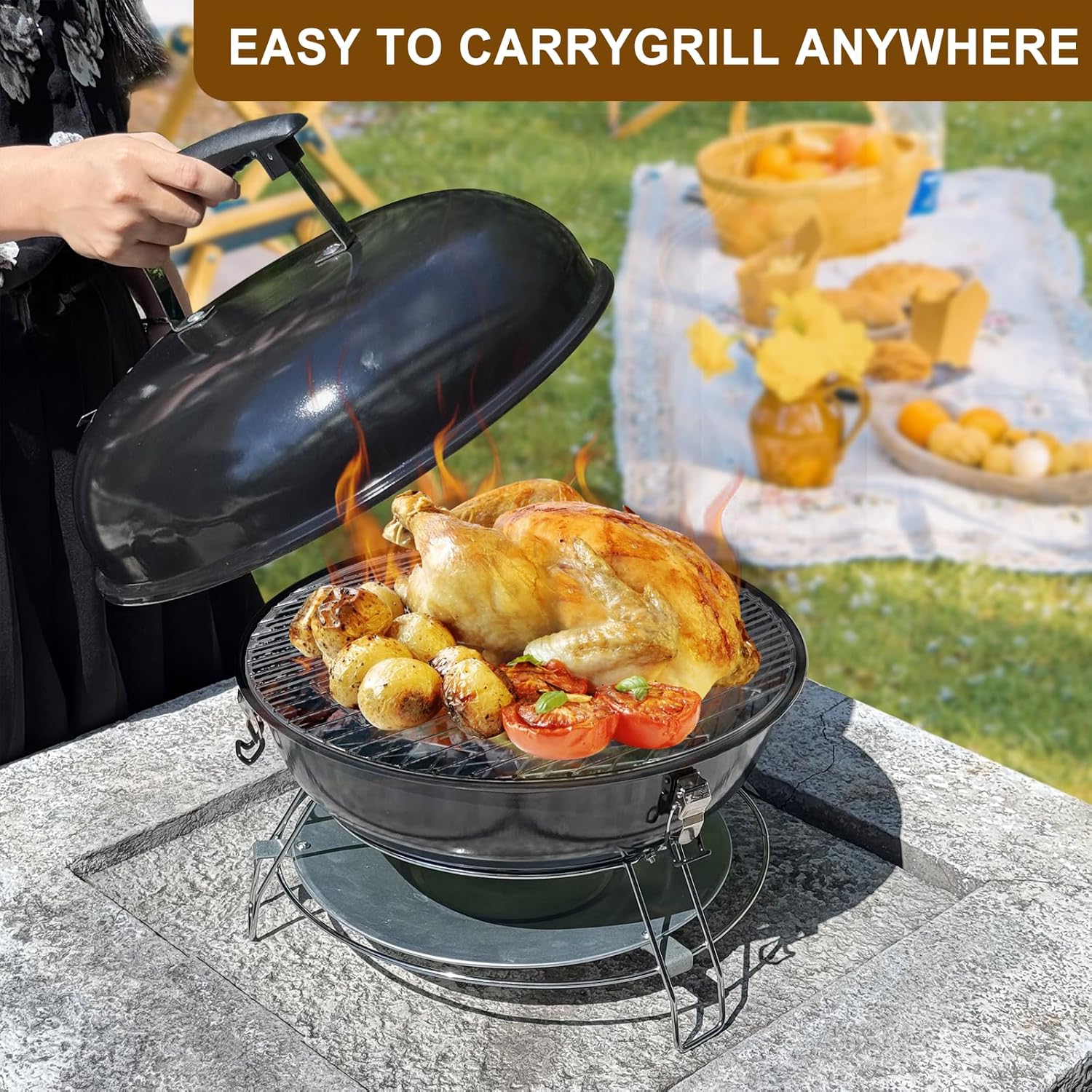 14-Inch Portable Charcoal Grill – Black BBQ Kettle with Cooking Grate, Charcoal Grate & Single Air Vent, Tuck-Away Ash Catcher Compact Grill for Outdoor & Balcony Use, Black