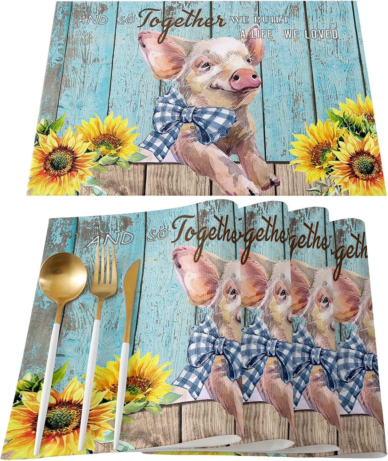 Placemats for Dining Table Set of 6, Cute Pig and Sunflower