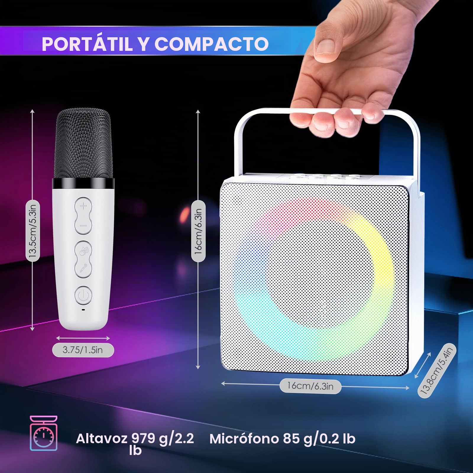Karaoke Bluetooth con 2 Micrófonos Inalámbricos, Karaoke Profesional Completa con Luz LED, Altavoz de Karaoke con USB/Tarjeta TF/AUX, Sistema de Sonido Regalos para Fiestas y Canto (White)
