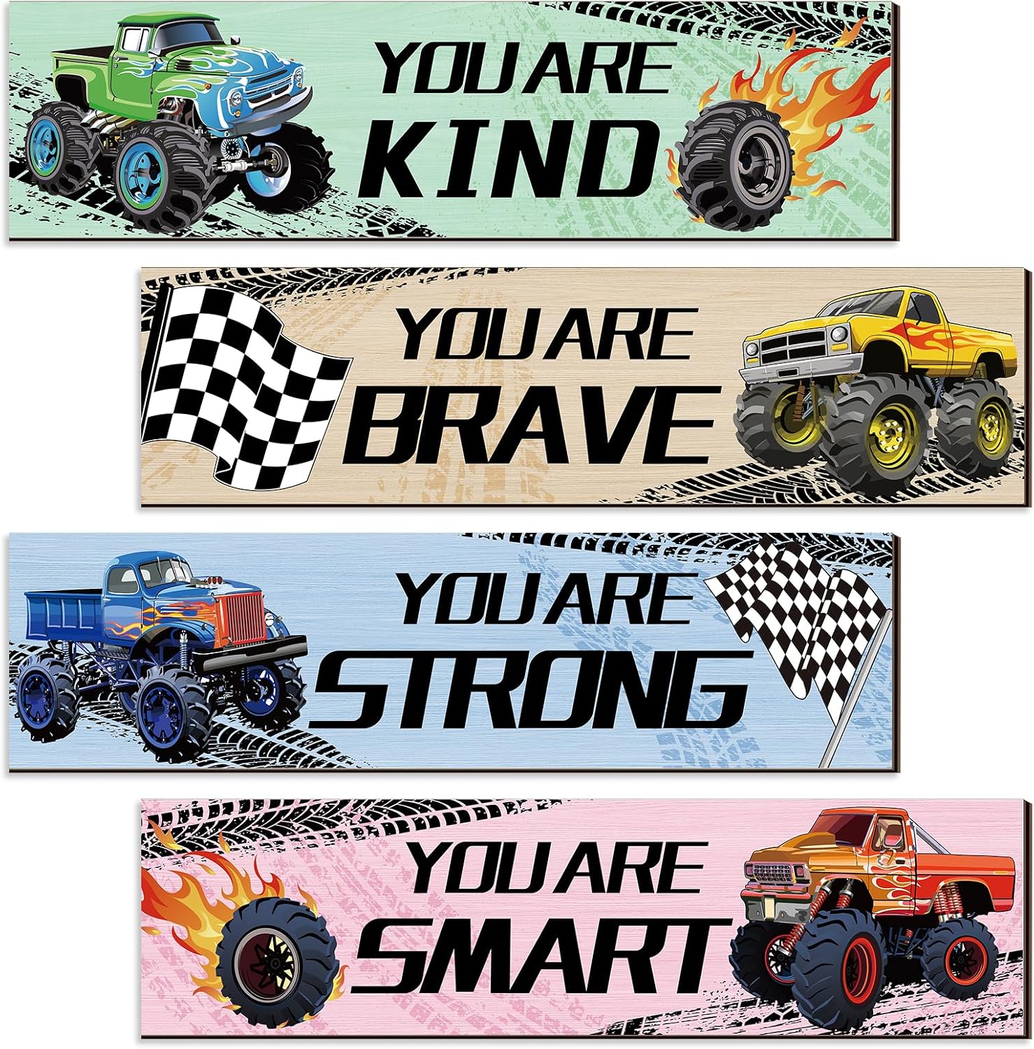 Adecortalk 4 Pcs Motivational Monster Truck Art Posters Sign Boys Wall Bedroom Hanging Decor with Wooden Design for Toddler Room Playroom Nursery Birthday Decorations Party Supplies Decor