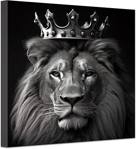 LZIMU Lienzo decorativo para pared, diseño de rey león con corona, animales salvajes africanos en blanco y negro, arte moderno para oficina,
