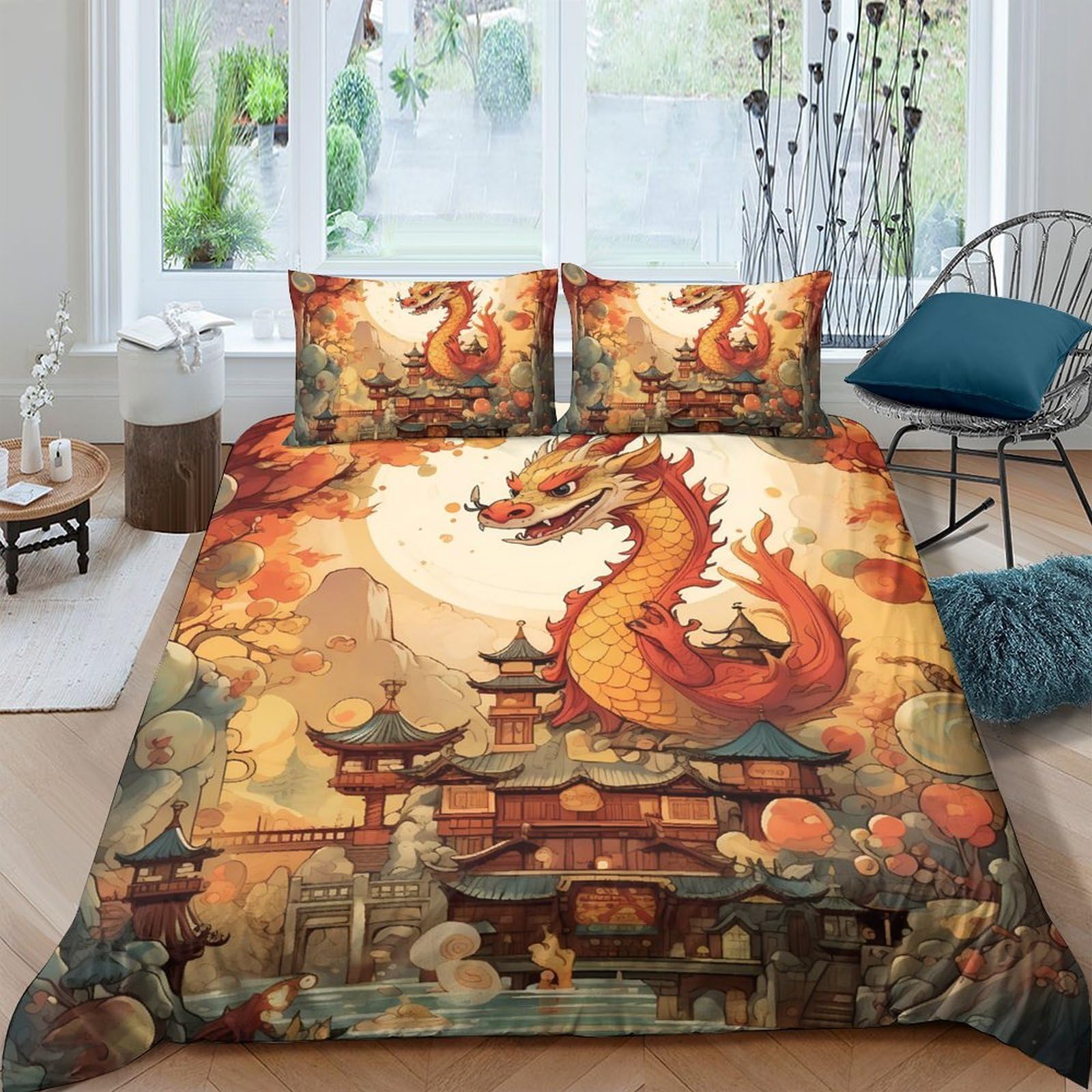 Ctjqhvkz Style-1 3D Printed Oriental Dragon Fitted Sheet Microfiber Soft Breathable Ancient Temple Mattress Cover For Bedroom Decor Single（135X200cm）