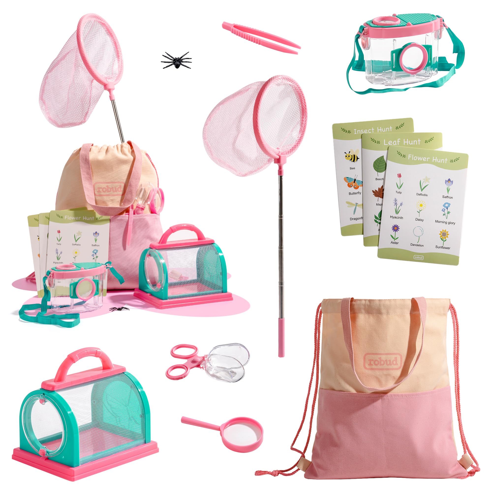 ROBUD Kids Outdoor Explorer Kit, Bug Catching Adventure Set with Butterfly Net, Magnifying Glass, Kids Binoculars, Bug Container, Carry Bag, Educational Toys Gift for Toddler Ages 3+ (Pink-8pcs)