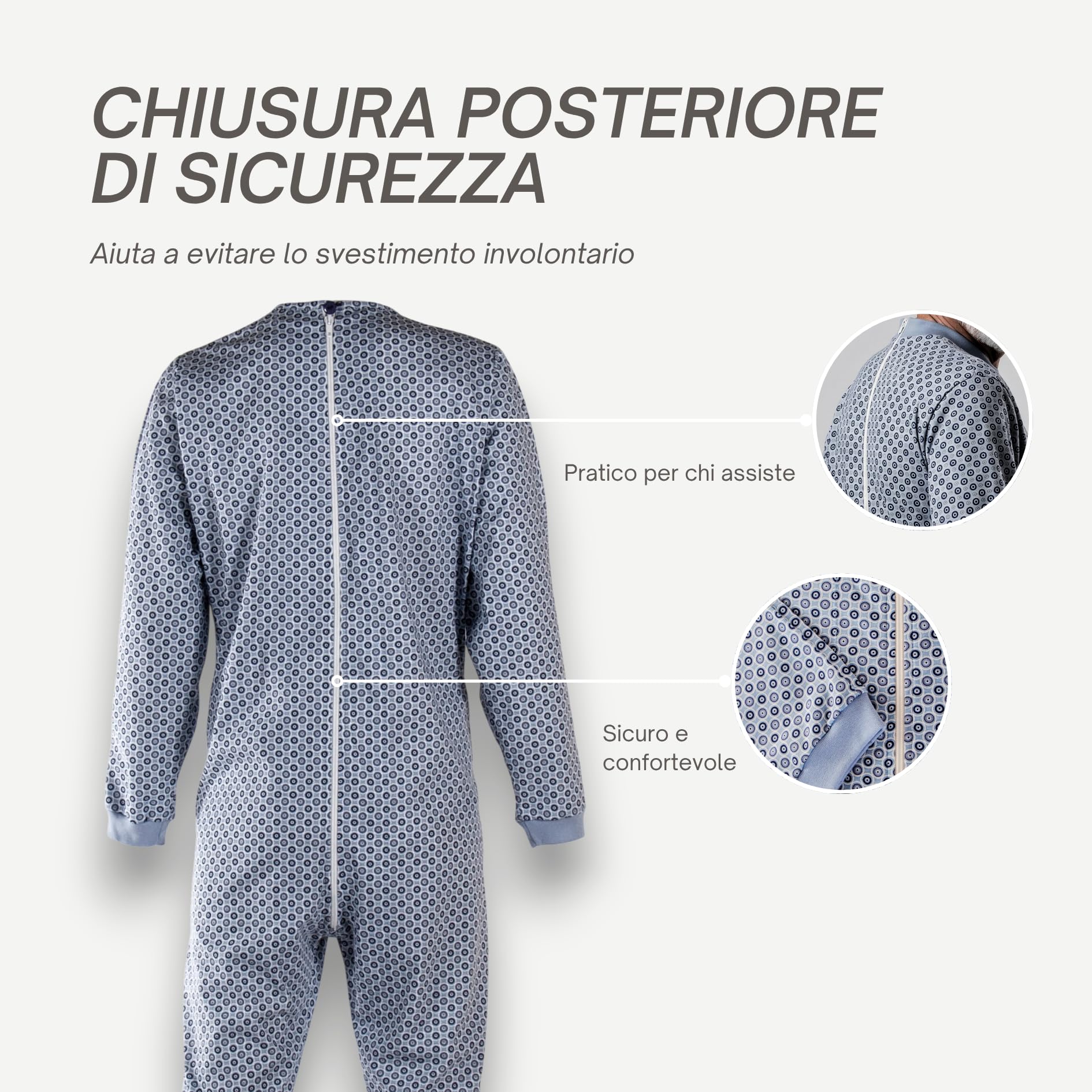 Pyjama intégral médical unisexe – Grenouillère adulte coton 100% – Pyjama dos zip seniors – Vêtements gériatriques confortables Made in Italy