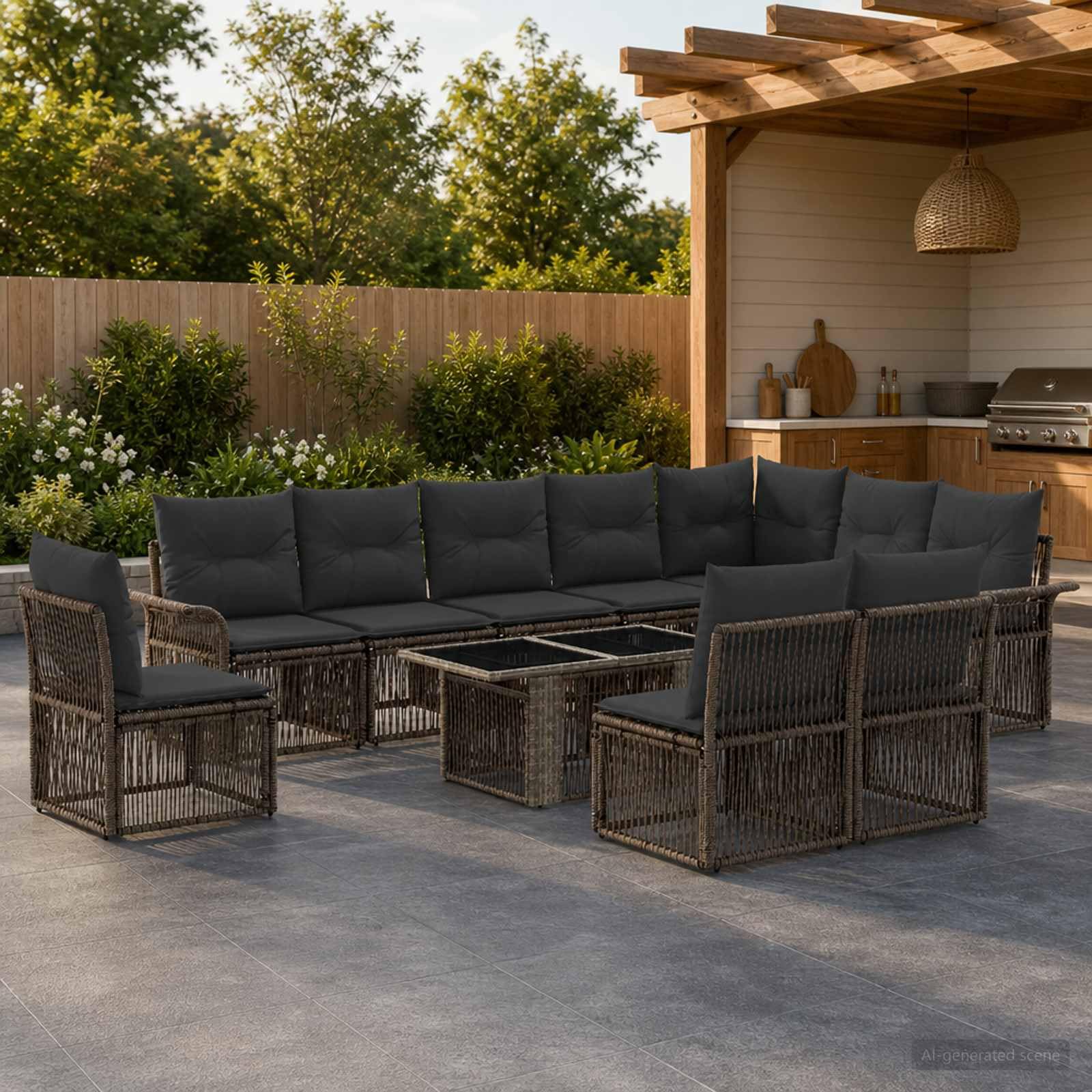 Garten-Sofa-Set, 11-teilig, grau, Polyrattan
